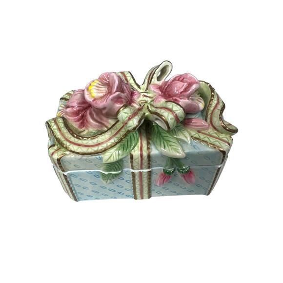Fitz and Floyd Essentials Decorative Trinket Box Porcelain Blue w Flowers Ribbon - Picture 5 of 8